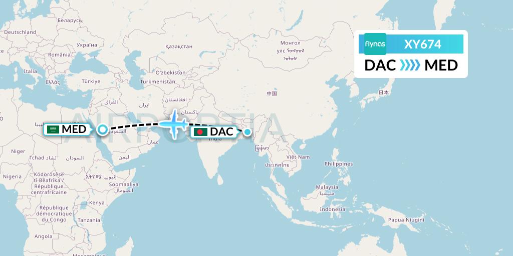 XY674 Flynas Flight Map: Dhaka to Medina