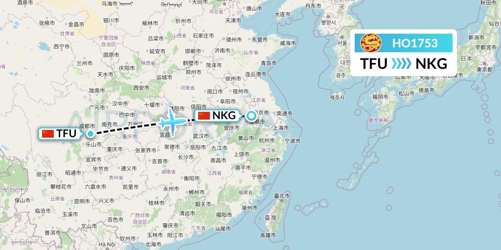 HO1753 Juneyao Airlines Flight Map: Chengdu to Nanjing