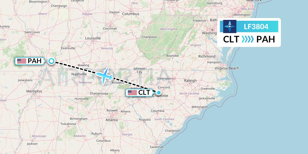 LF3804 Corporate Flight Management Flight Map: Charlotte to Paducah
