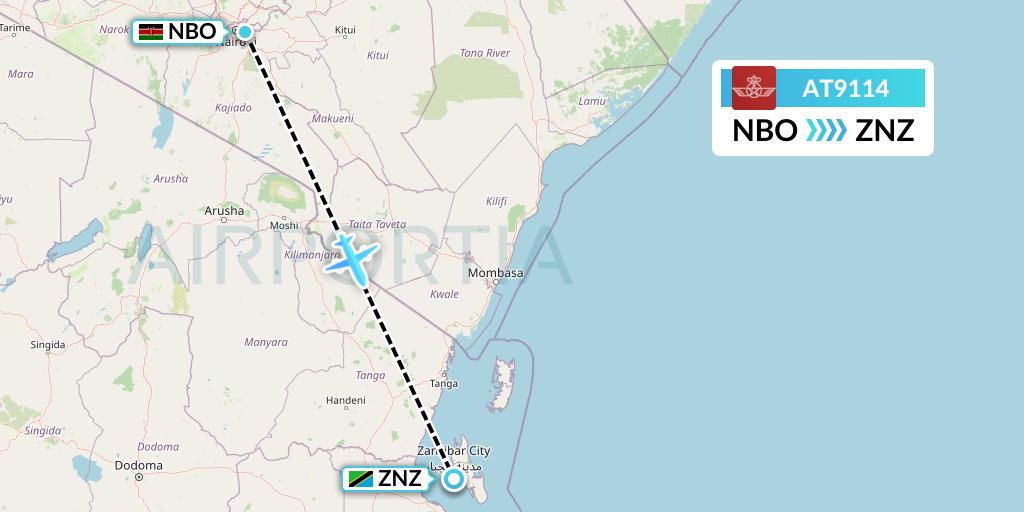 AT9114 Royal Air Maroc Flight Map: Nairobi to Zanzibar