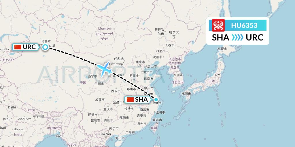 HU6353 Hainan Airlines Flight Map: Shanghai to Urumqi