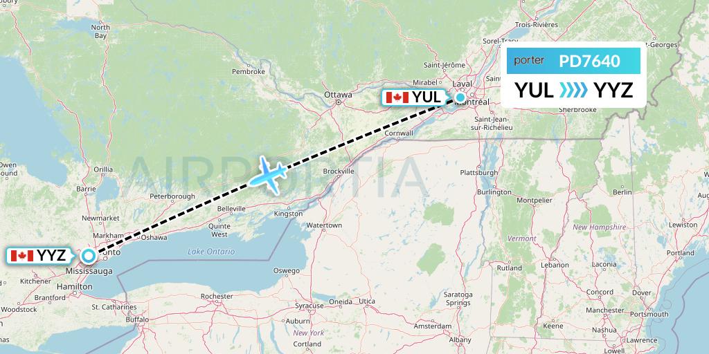 PD7640 Porter Airlines Flight Map: Montreal to Toronto