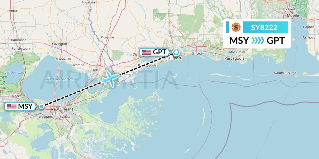 SY8222 Sun Country Airlines Flight Map: New Orleans to Gulfport