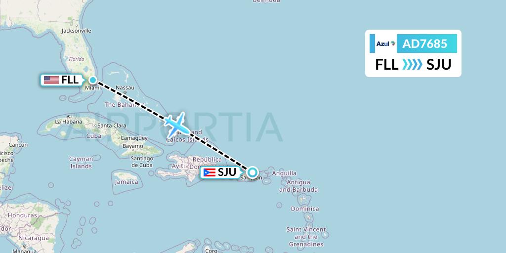 AD7685 Azul Brazilian Airlines Flight Map: Fort Lauderdale to San Juan