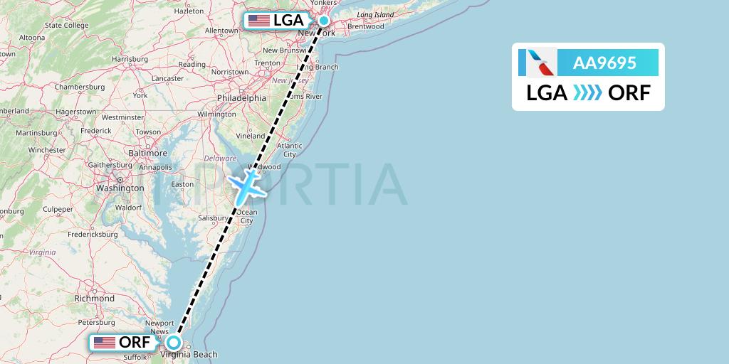AA9695 American Airlines Flight Map: New York to Norfolk