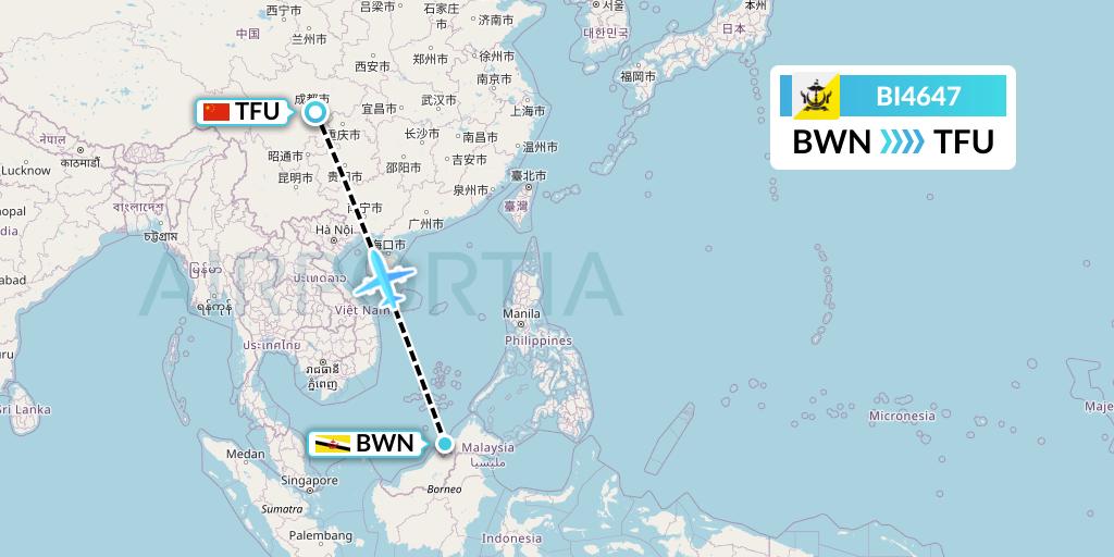 BI4647 Royal Brunei Airlines Flight Map: Brunei to Chengdu