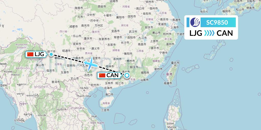 SC9850 Shandong Airlines Flight Map: Lijiang to Guangzhou