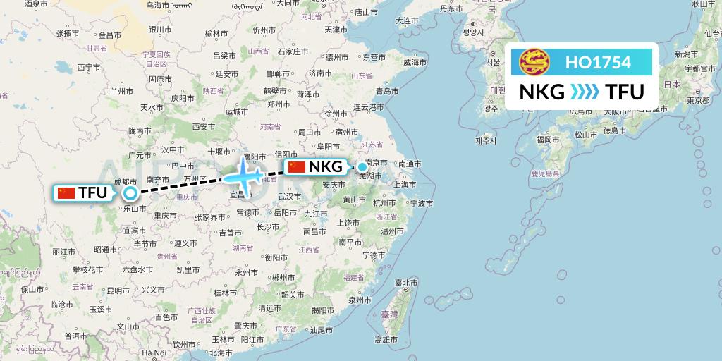 HO1754 Juneyao Airlines Flight Map: Nanjing to Chengdu