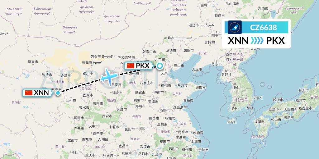 CZ6638 China Southern Airlines Flight Map: Xining to Beijing