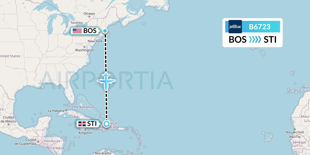 B6723 JetBlue Airways Flight Map: Boston to Santiago de los Caballeros