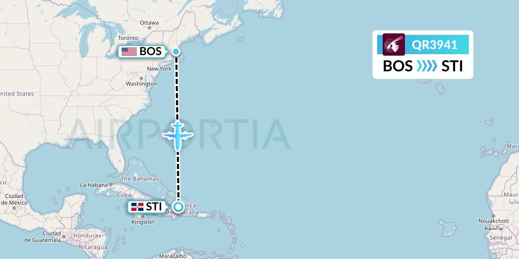 QR3941 Qatar Airways Flight Map: Boston to Santiago de los Caballeros