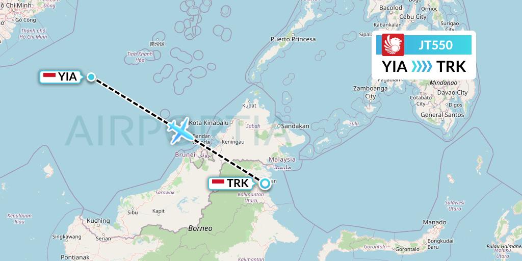 JT550 Lion Airlines Flight Map: Yogyakarta to Tarakan
