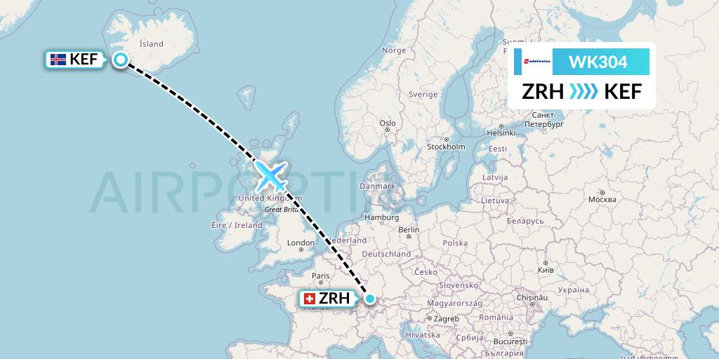WK304 Edelweiss Air Flight Map: Zurich to Reykjavik