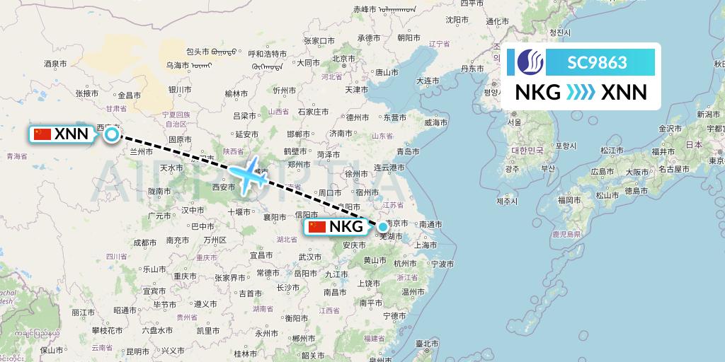 SC9863 Shandong Airlines Flight Map: Nanjing to Xining