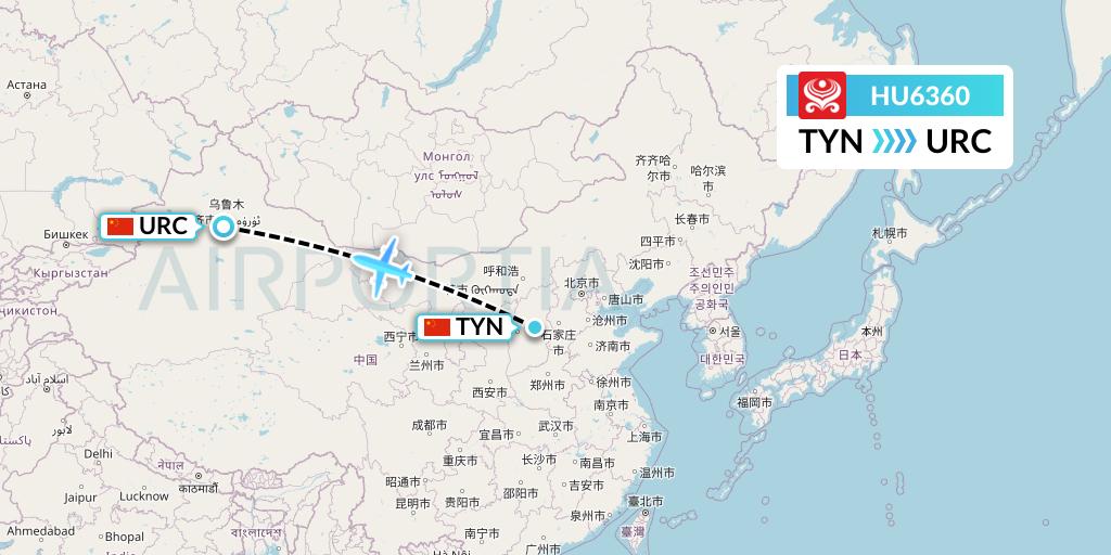 HU6360 Hainan Airlines Flight Map: Taiyuan to Urumqi