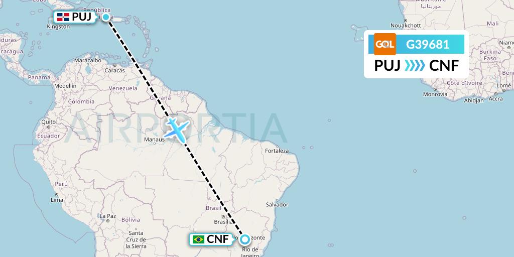 G39681 GOL Transportes Aeros Flight Map: Punta Cana to Belo Horizonte
