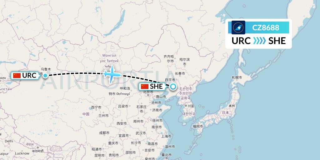 CZ8688 China Southern Airlines Flight Map: Urumqi to Shenyang