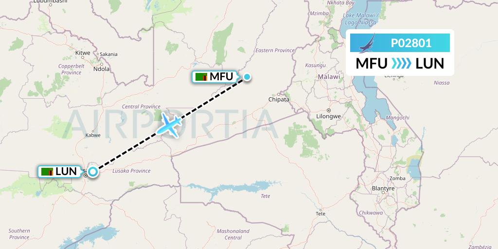 P02801 Proflight Air Services Flight Map: Mfuwe to Lusaka