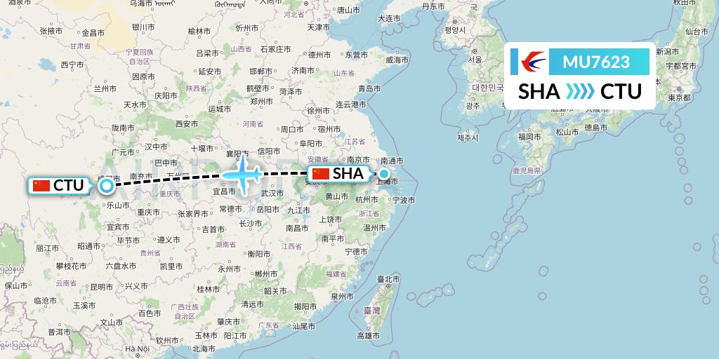 MU7623 China Eastern Airlines Flight Map: Shanghai to Chengdu