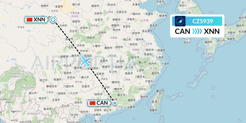 CZ5939 China Southern Airlines Flight Map: Guangzhou to Xining