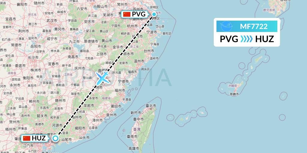 MF7722 Xiamen Airlines Flight Map: Shanghai to Huizhou