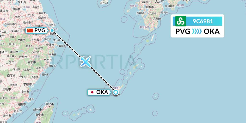 9C6981 Spring Airlines Flight Map: Shanghai to Naha