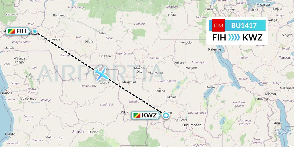 BU1417 flyCAA Flight Map: Kinshasa to Congo