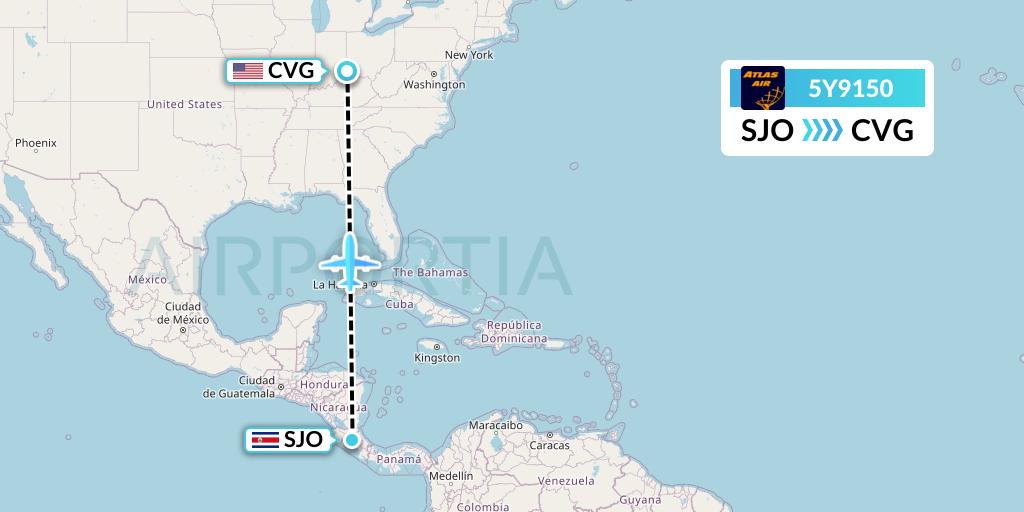 5Y9150 Atlas Air Flight Map: San Jose to Cincinnati