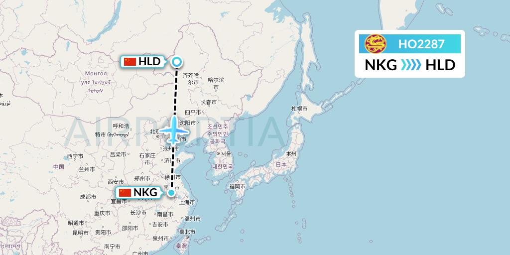 HO2287 Juneyao Airlines Flight Map: Nanjing to Hailar
