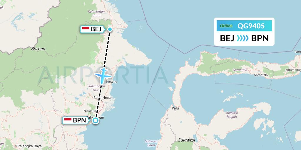 QG9405 Citilink Flight Map: Kalimarau to Balikpapan