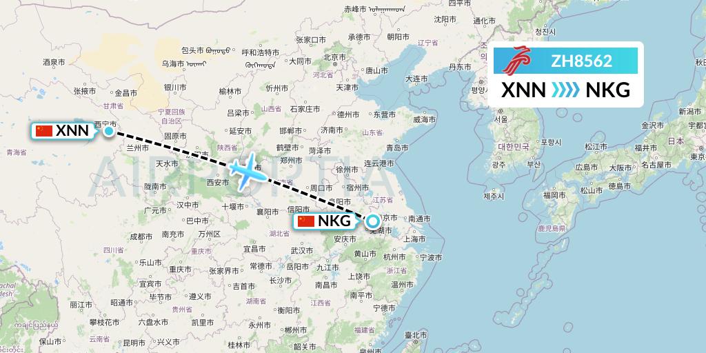 ZH8562 Shenzhen Airlines Flight Map: Xining to Nanjing