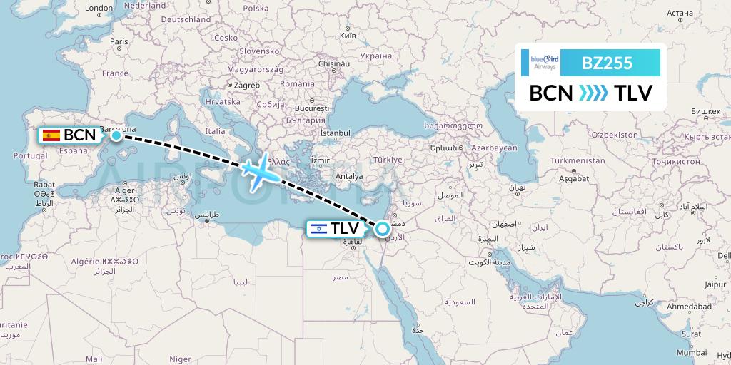 BZ255 Bluebird Airways Flight Map: Barcelona to Tel Aviv