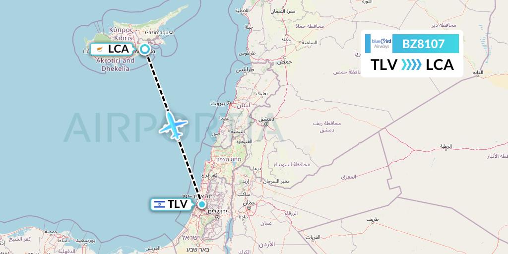 BZ8107 Bluebird Airways Flight Map: Tel Aviv to Larnaca