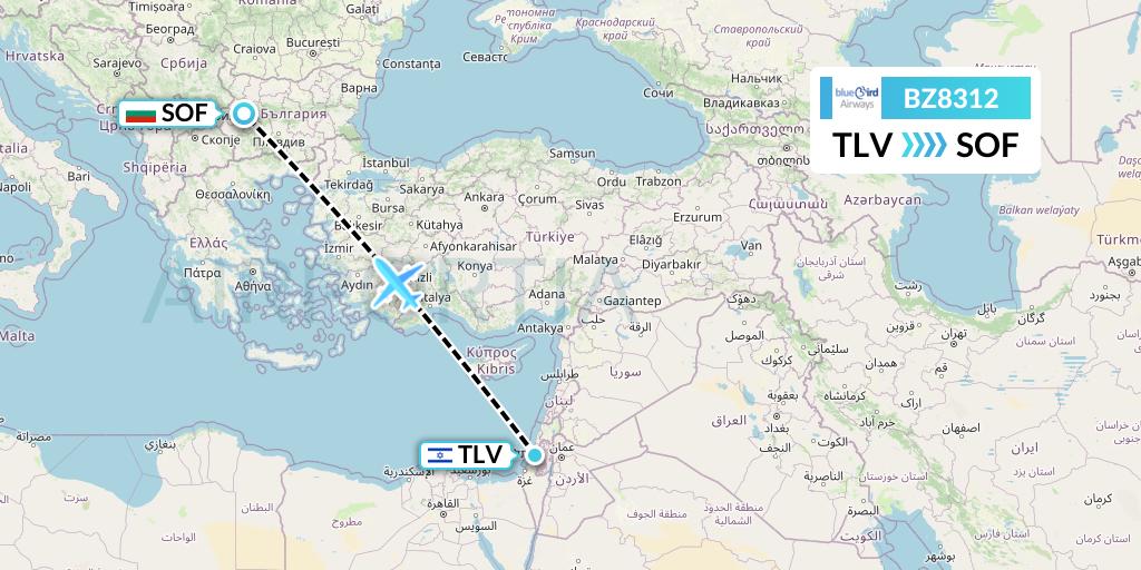 BZ8312 Bluebird Airways Flight Map: Tel Aviv to Sofia