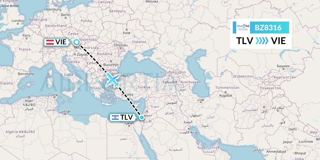 BZ8316 Bluebird Airways Flight Map: Tel Aviv to Vienna