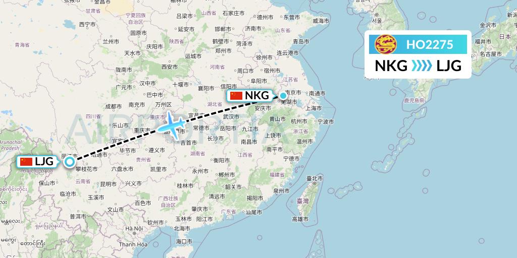 HO2275 Juneyao Airlines Flight Map: Nanjing to Lijiang
