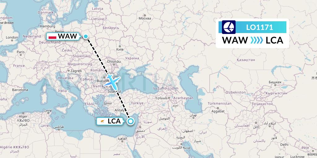 LO1171 LOT Flight Map: Warsaw to Larnaca