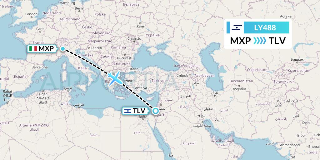 LY488 El Al Flight Map: Milan to Tel Aviv