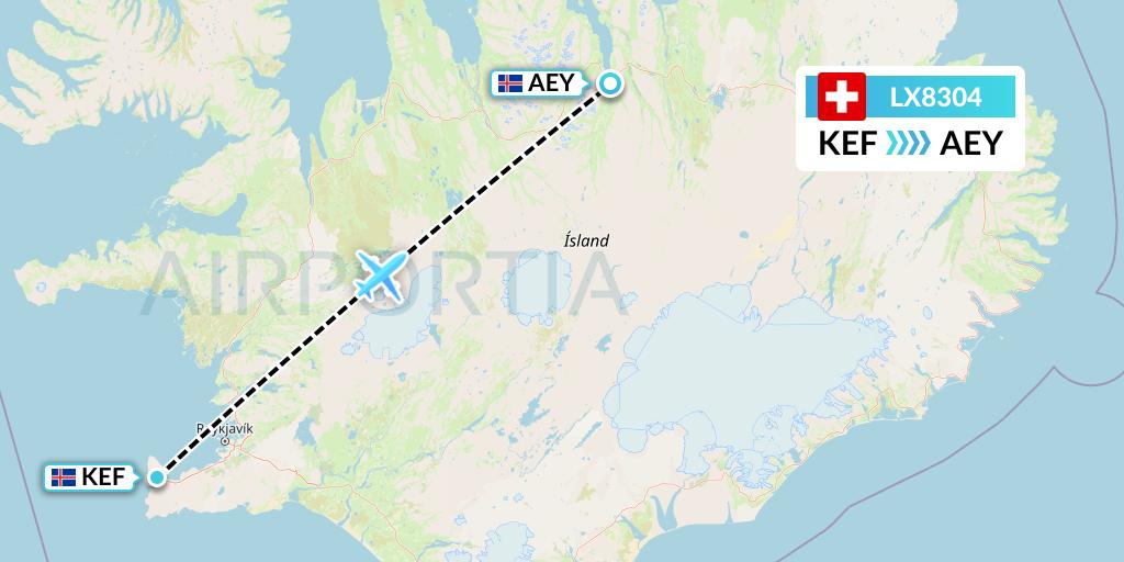 LX8304 Swiss Flight Map: Reykjavik to Akureyri