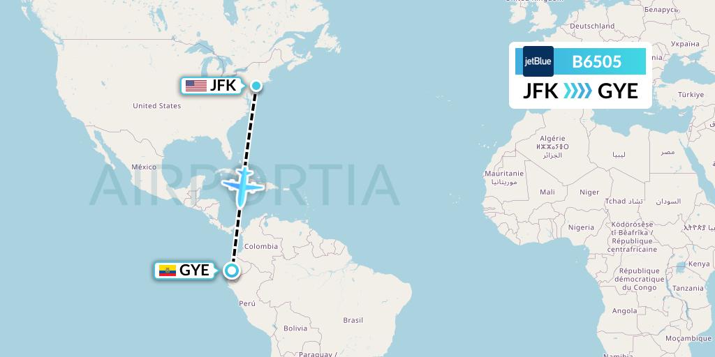 B6505 JetBlue Airways Flight Map: New York to Guayaquil