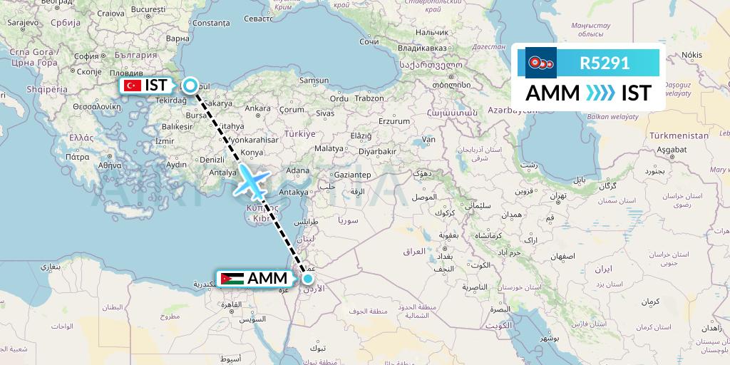 R5291 Jordan Aviation Flight Map: Amman to Istanbul