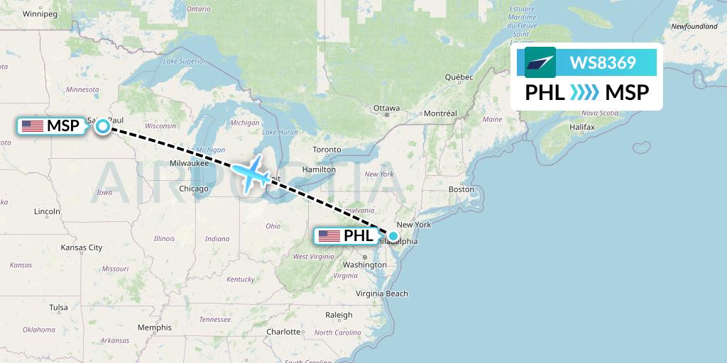 WS8369 WestJet Flight Map: Philadelphia to Minneapolis
