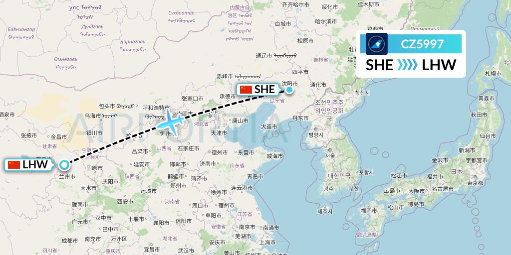 CZ5997 China Southern Airlines Flight Map: Shenyang to Lanzhou