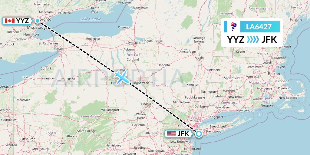 LA6427 LAN Airlines Flight Map: Toronto to New York