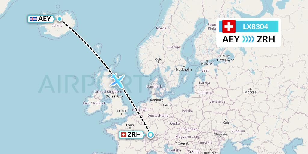 LX8304 Swiss Flight Map: Akureyri to Zurich