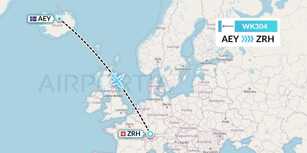 WK304 Edelweiss Air Flight Map: Akureyri to Zurich
