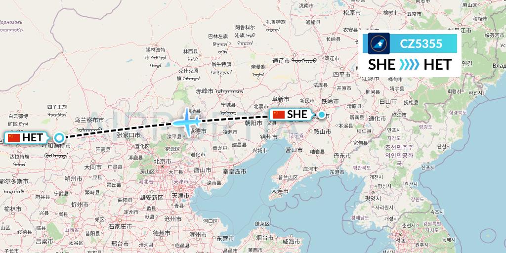 CZ5355 China Southern Airlines Flight Map: Shenyang to Hohhot