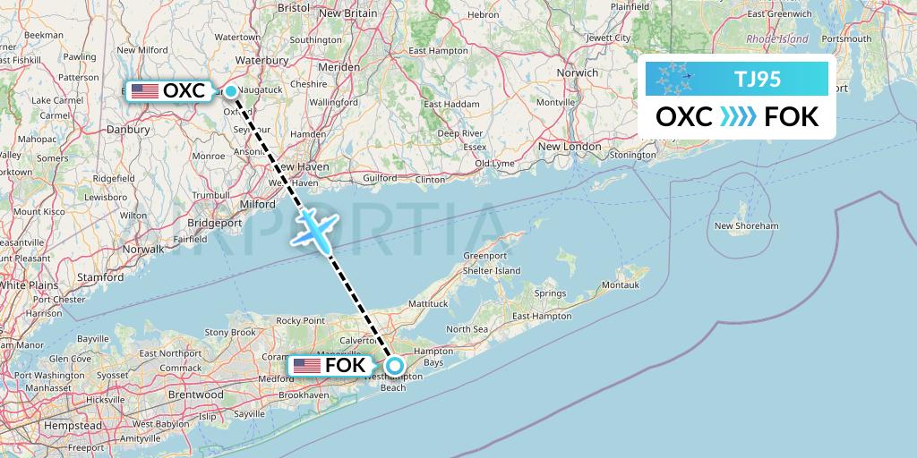 TJ95 Tradewind Aviation Flight Map: Oxford to Westhampton Beach