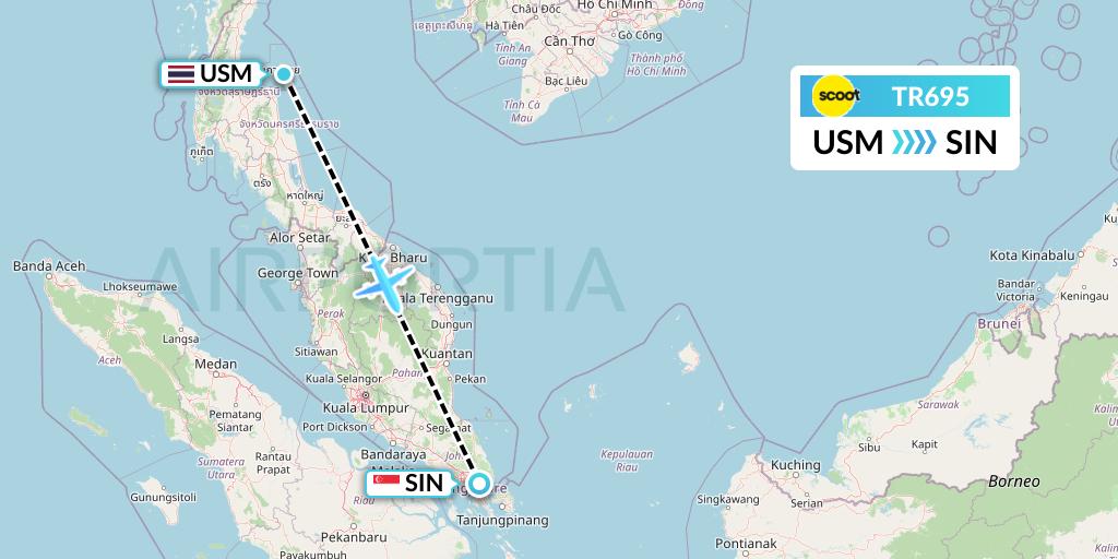 TR695 Tigerair Flight Map: Koh Samui to Singapore