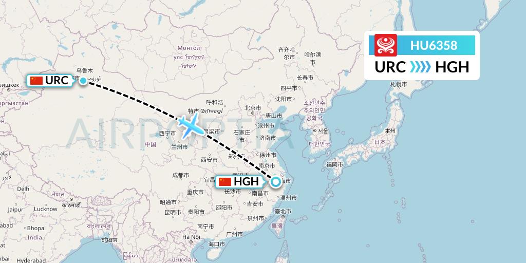 HU6358 Hainan Airlines Flight Map: Urumqi to Hangzhou